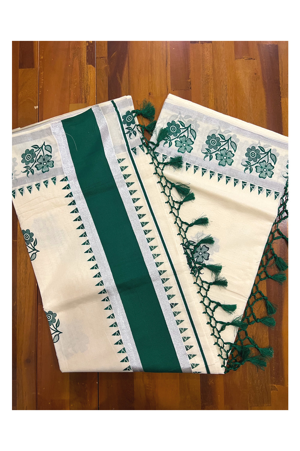 Pure Cotton Kerala Saree with Silver Kasavu Green Floral Block Prints on Border and Tassels Works