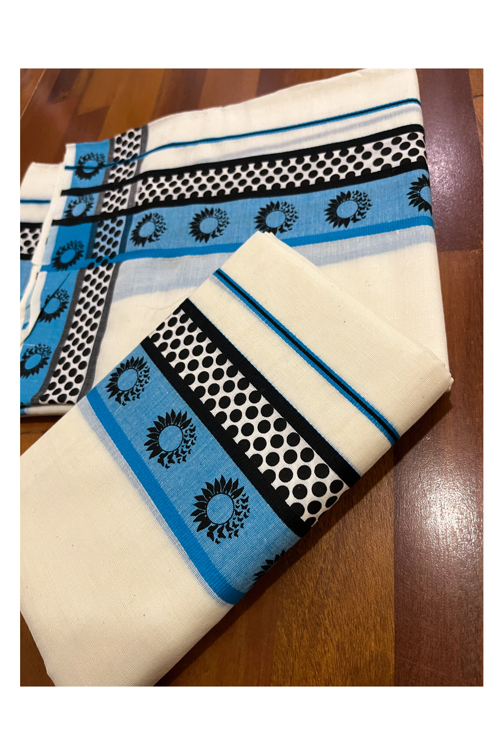 Kerala Cotton Single Set Mundu (Mundum Neriyathum) with Blue Black Block Prints on Border