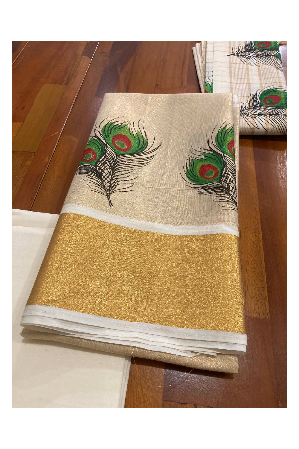 Kerala Tissue Kasavu Churidar Material with Peacock Feather Mural Design