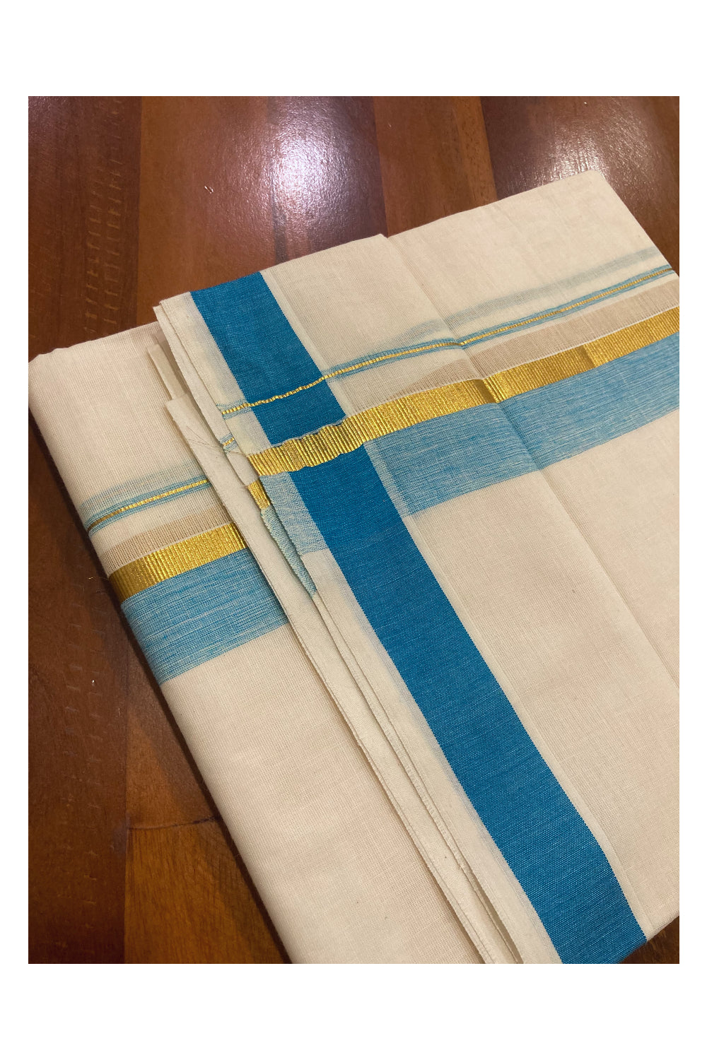 Pure Cotton Off White Double Mundu with Blue and Kasavu Border (South Indian Dhoti)