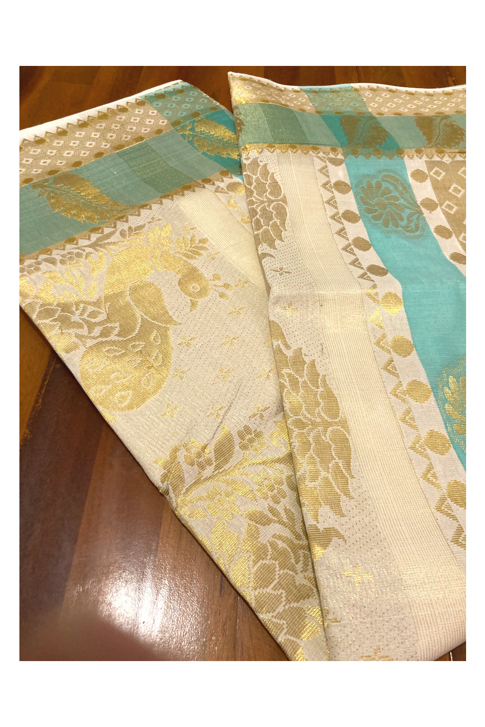 Pure Cotton Kerala Saree with Kasavu and Turquoise Floral Heavy Woven Works