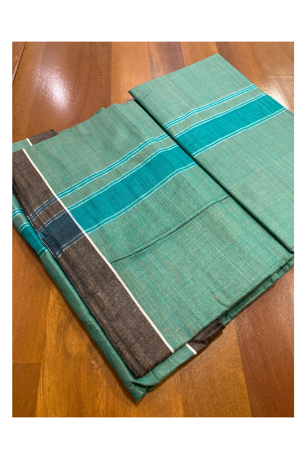 Southloom Premium Handloom Green Solid Single Mundu (Lungi) with Dark Green Border