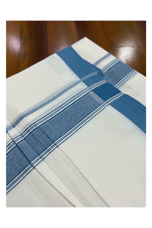 Pure White Cotton Mundu with Light Blue Line Kara (South Indian Dhoti)