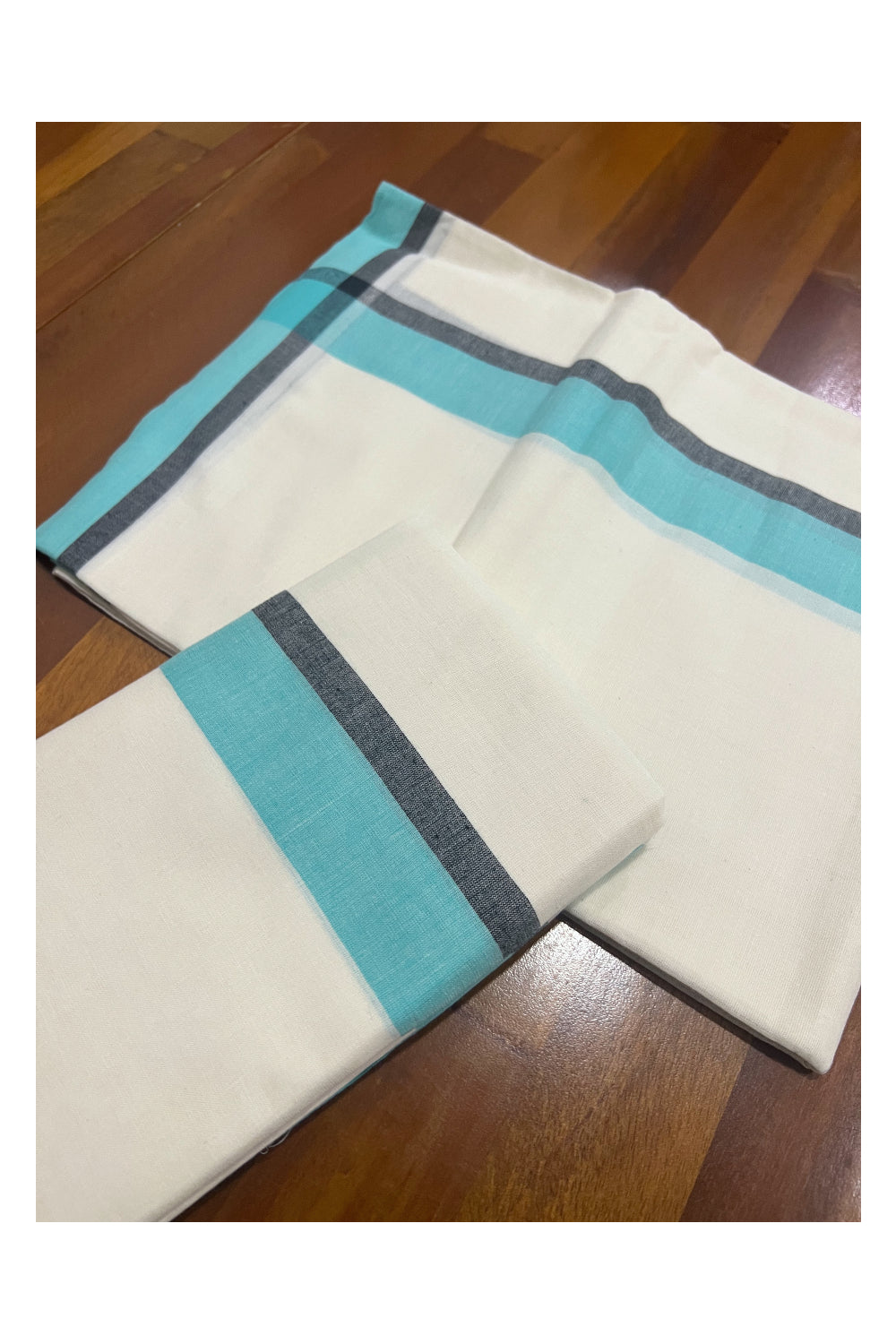 Kerala Cotton Mundum Neriyathum Single (Set Mundu) with Turquoise and Black Mulloth Border (Extra Soft Cotton)