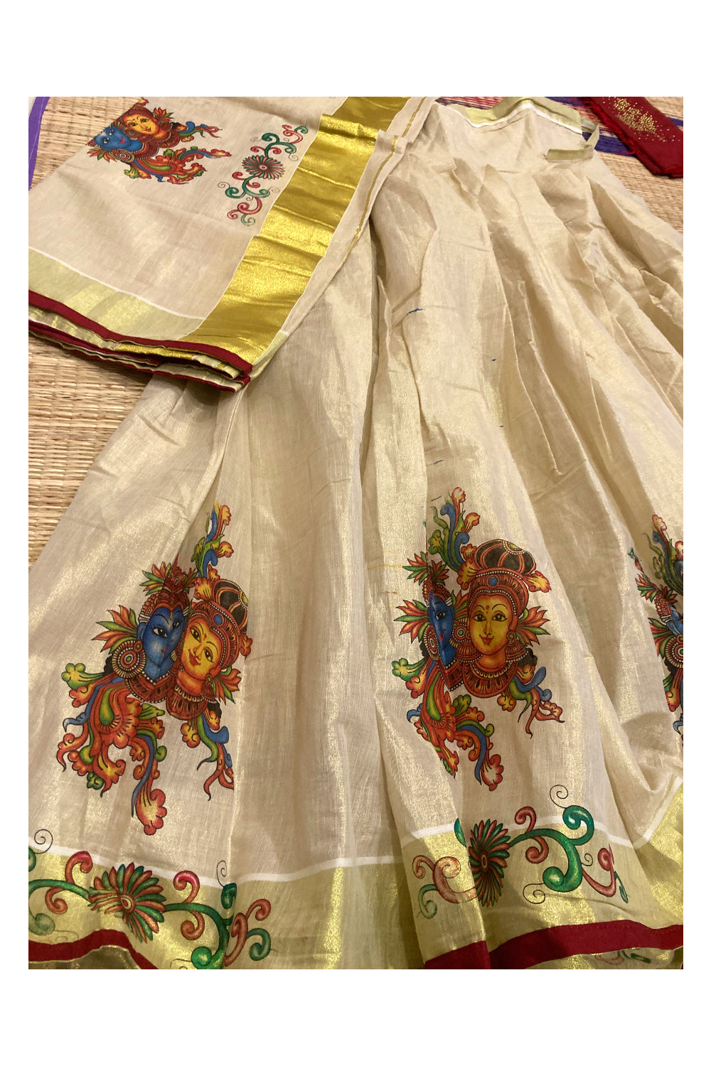 Semi Stitched Dhavani Set with Tissue Krishna Radha Mural Printed Pavada and Red Bead work Blouse Piece