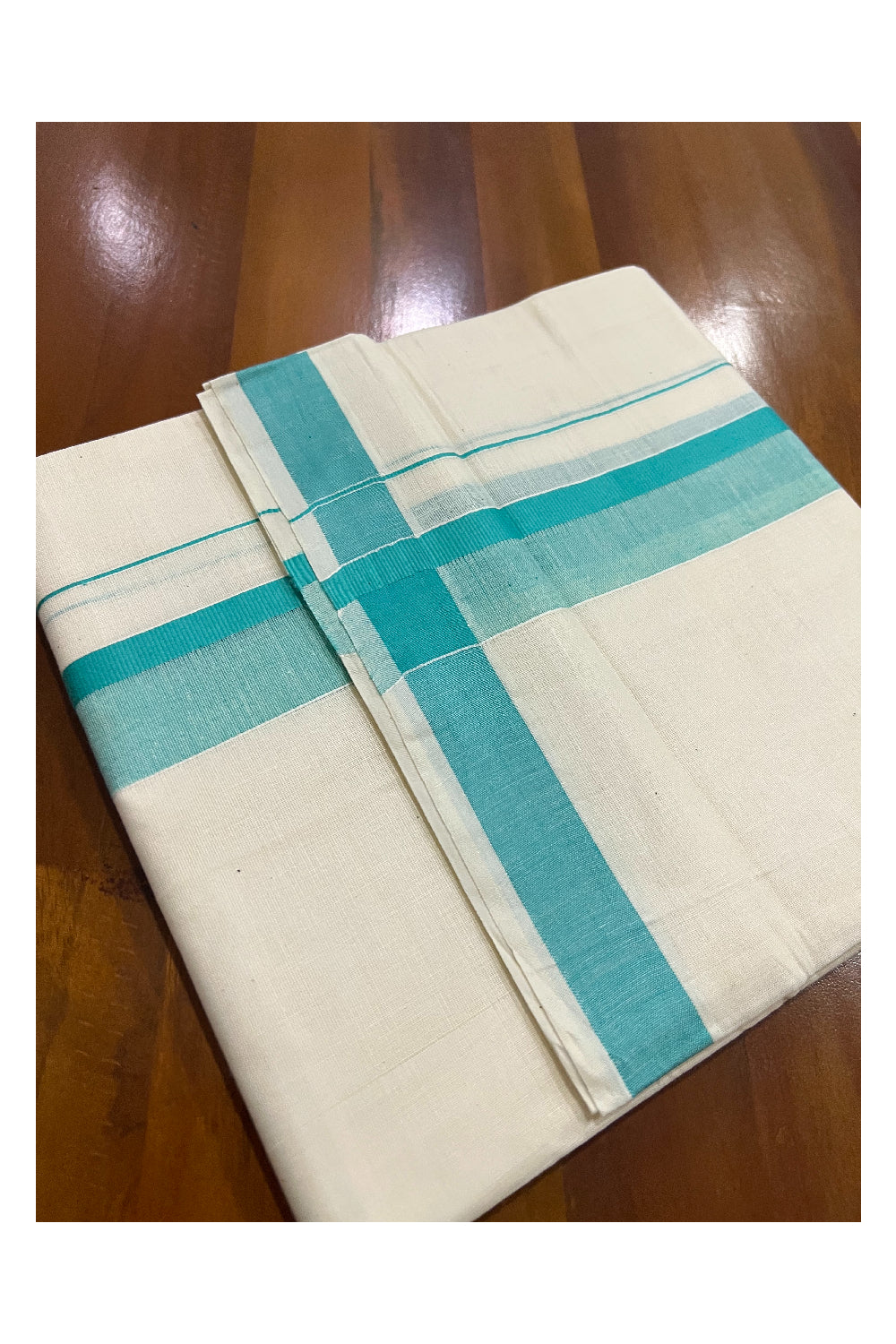 Off White Pure Cotton Double Mundu with Turquoise Shaded Kara (South Indian Dhoti)