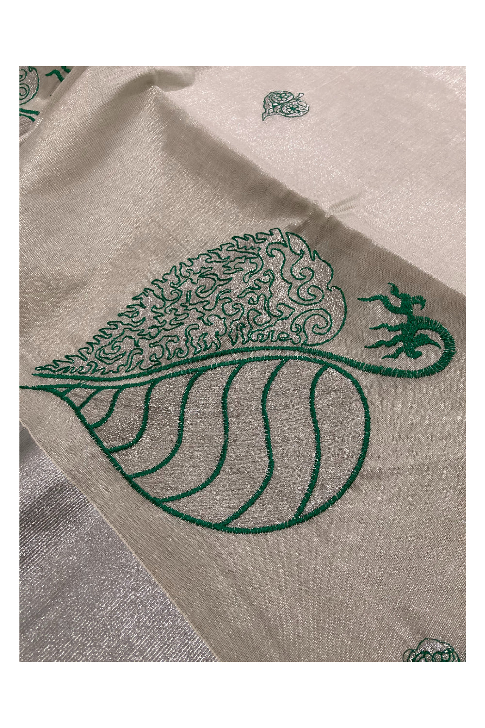 Kerala Silver Tissue Kasavu Saree with Leaf Embroidery Design