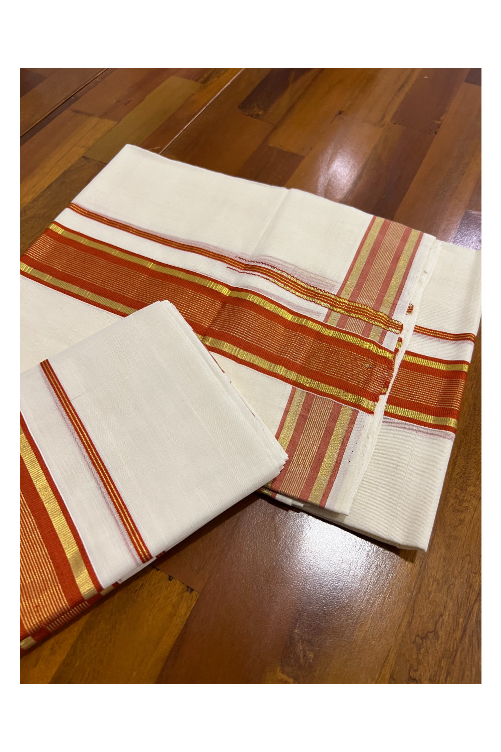 Southloom Premium Handloom Set Mundu with Kasavu and Orange Line Border 2.80 Mtrs