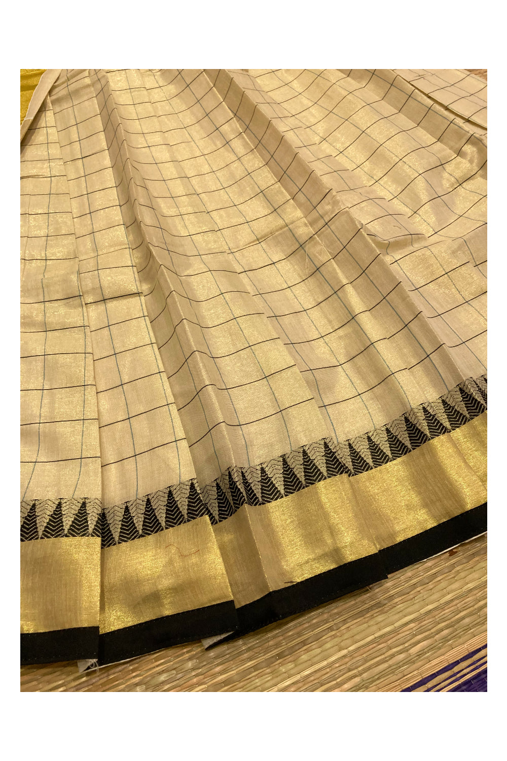 Kerala Cotton Semi Stitched Dhavani Set with Black Blue Check Design Work Pavada and Black Blouse Piece