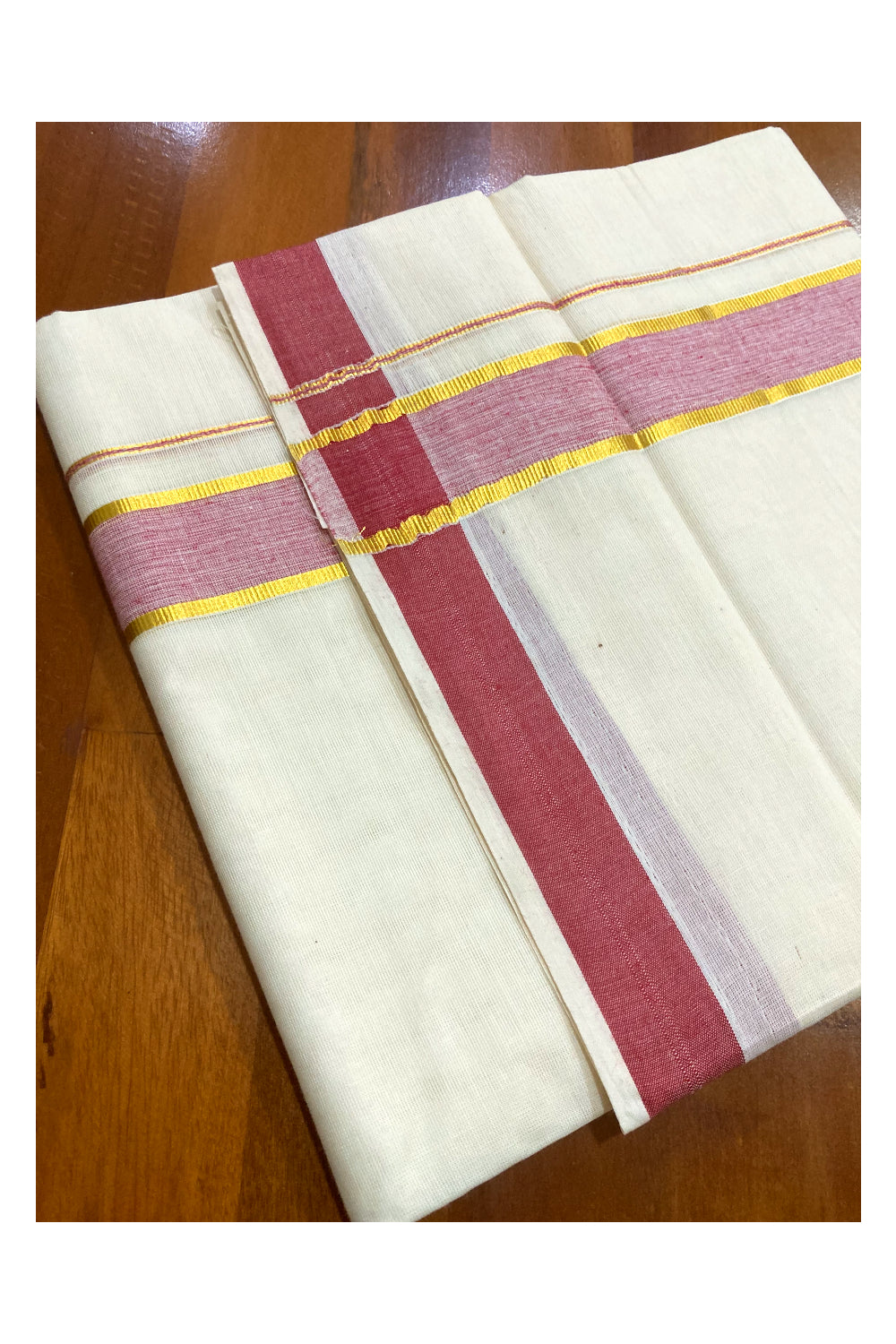 Pure Cotton Double Mundu with Red and Kasavu Border (South Indian Dhoti)