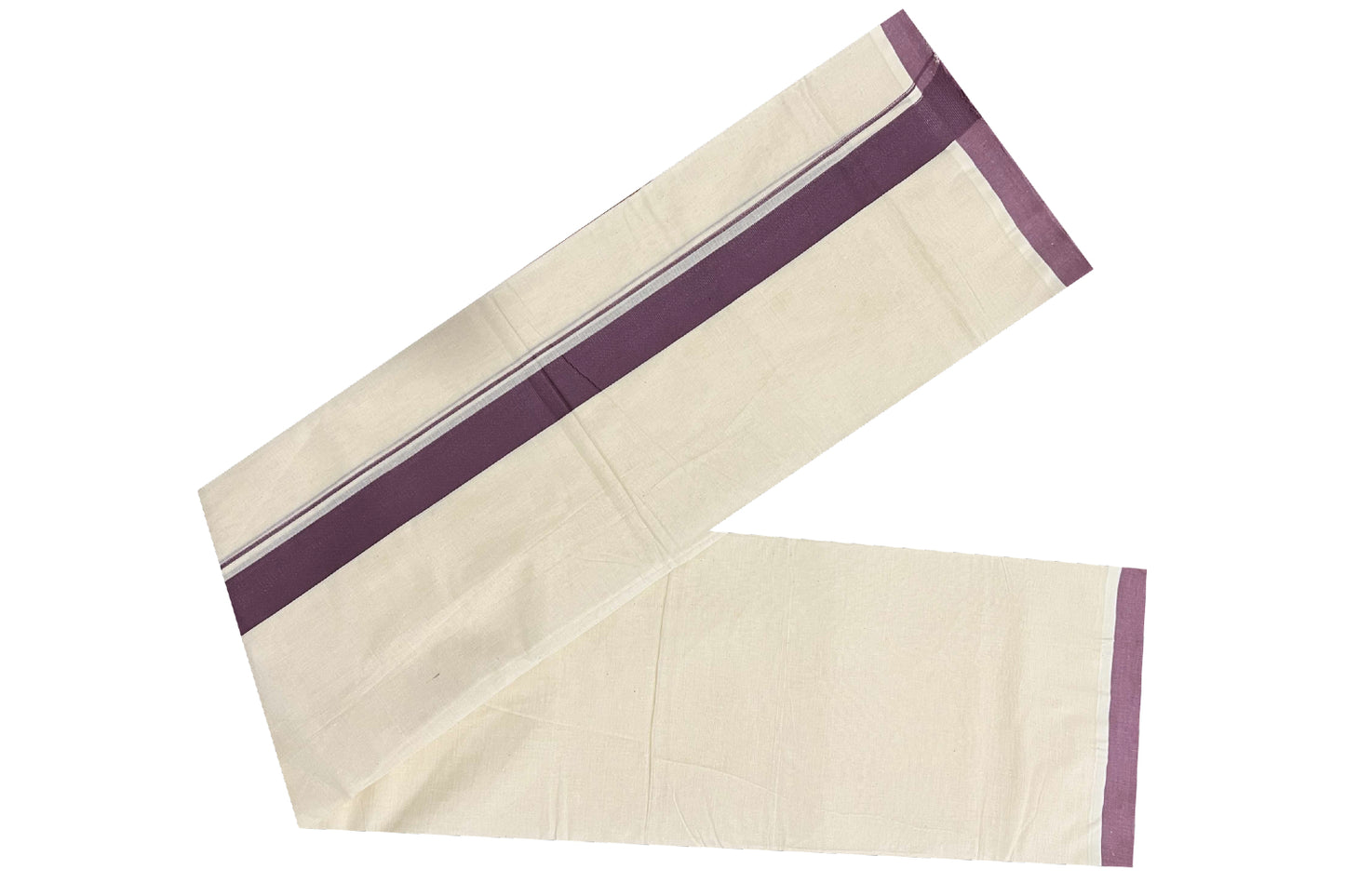 Off White Pure Cotton Double Mundu with Wine Colour Kara (South Indian Dhoti)