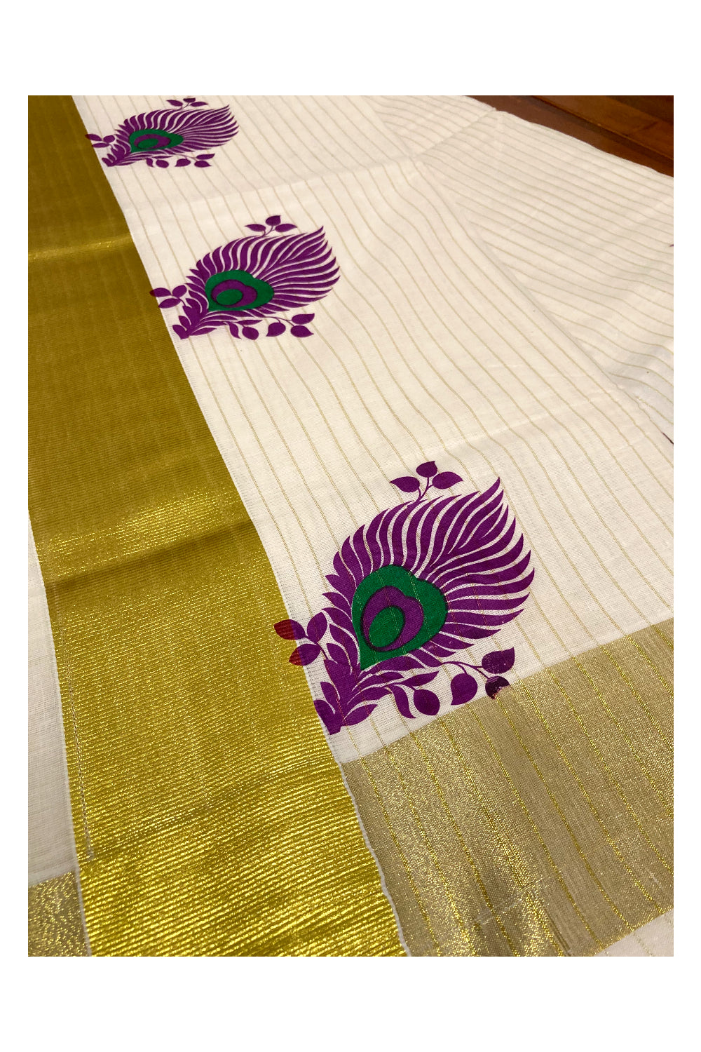 Pure Cotton Kerala Kasavu Lines Saree with Dark Magenta and Green Block Prints on Border