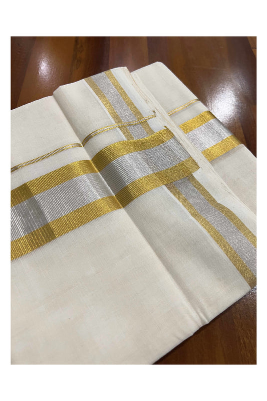 Southloom Balaramapuram Handloom Pure Cotton Wedding Mundu with Silver and Golden Kasavu Kara (South Indian Dhoti)