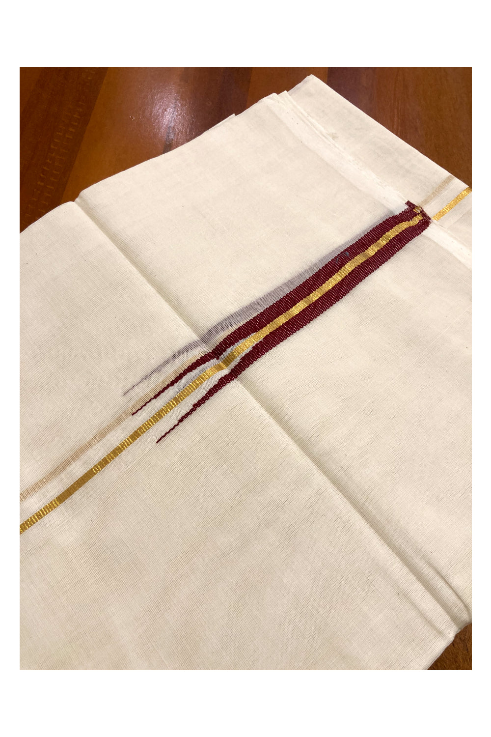 Southloom Premium Handloom Kasavu Double Mundu with Maroon Chutti (South Indian Dhoti)