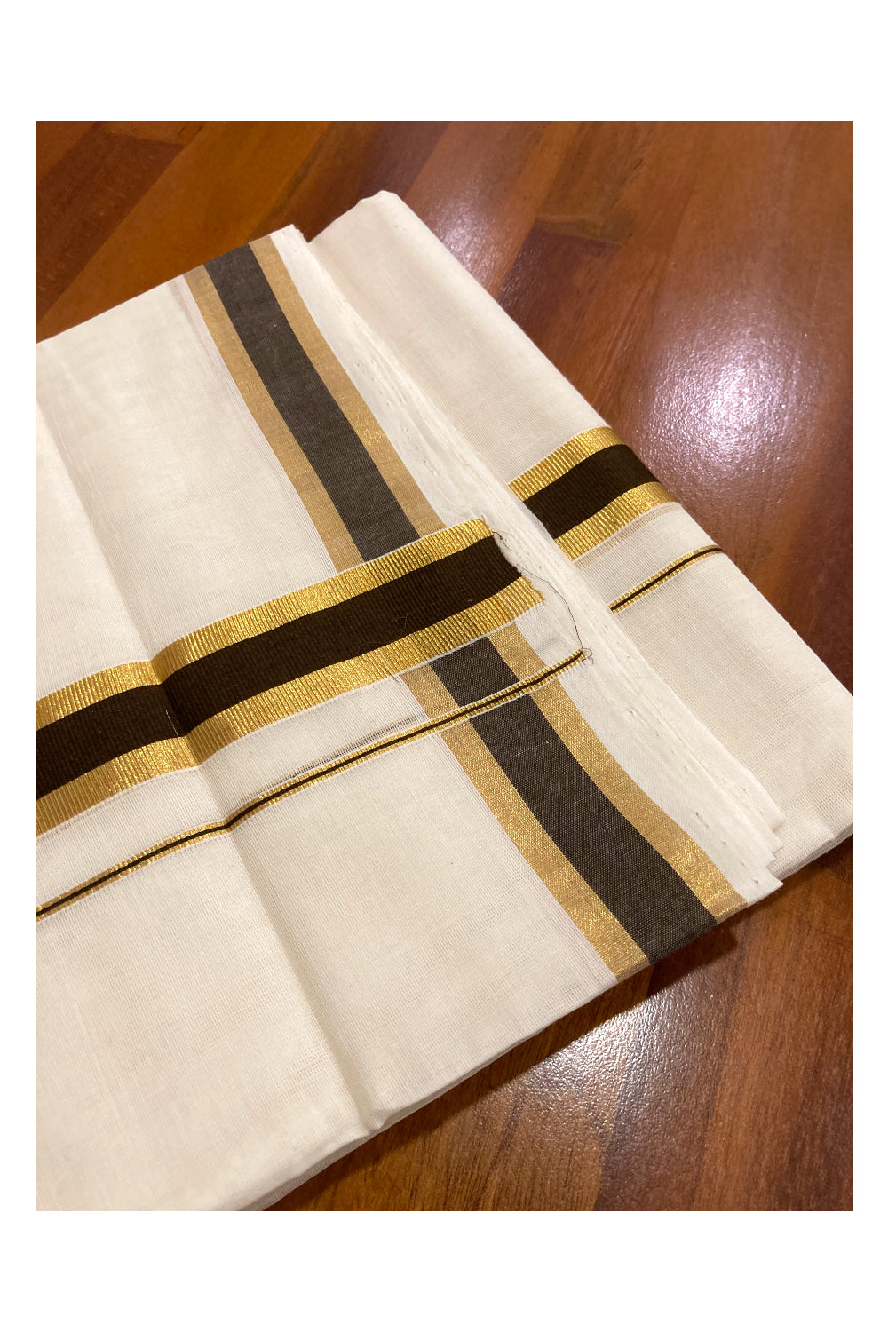 Southloom Premium Handloom Cotton Off White Mundu with Brown and Kasavu Border (South Indian Dhoti)