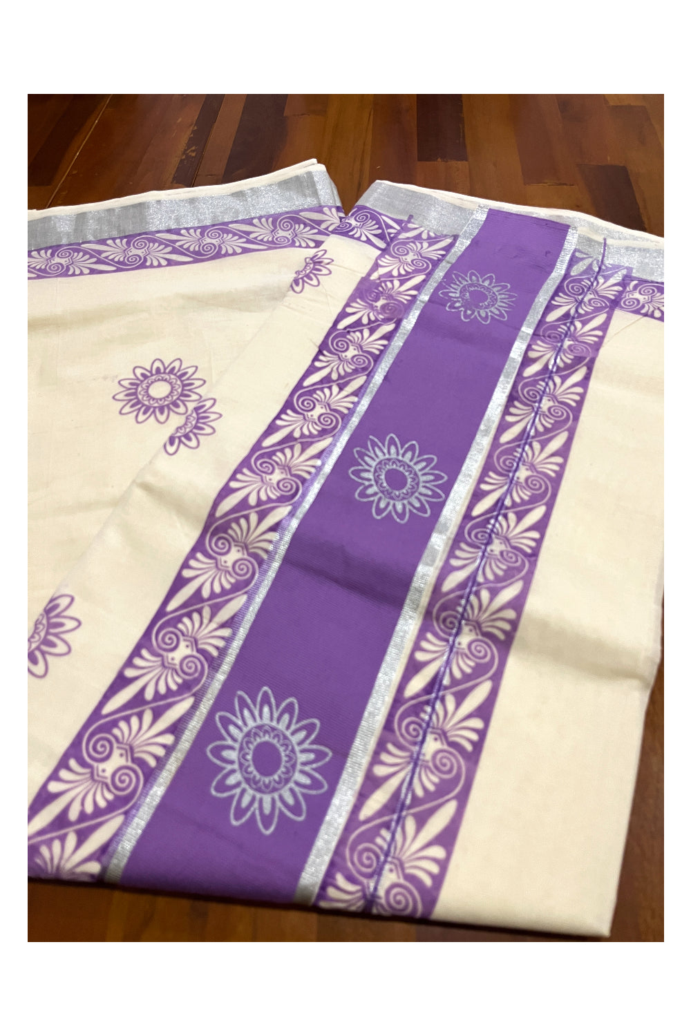 Pure Cotton Kerala Saree with Violet Block Prints and Silver Kasavu Border (Onam Saree 2023)