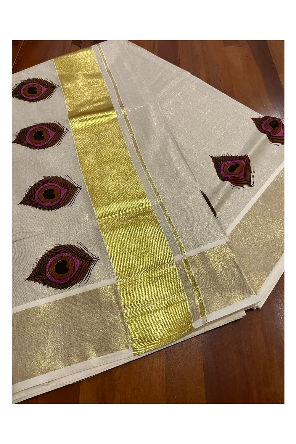 Kerala Tissue Kasavu Brown Feather Block Printed Design Saree