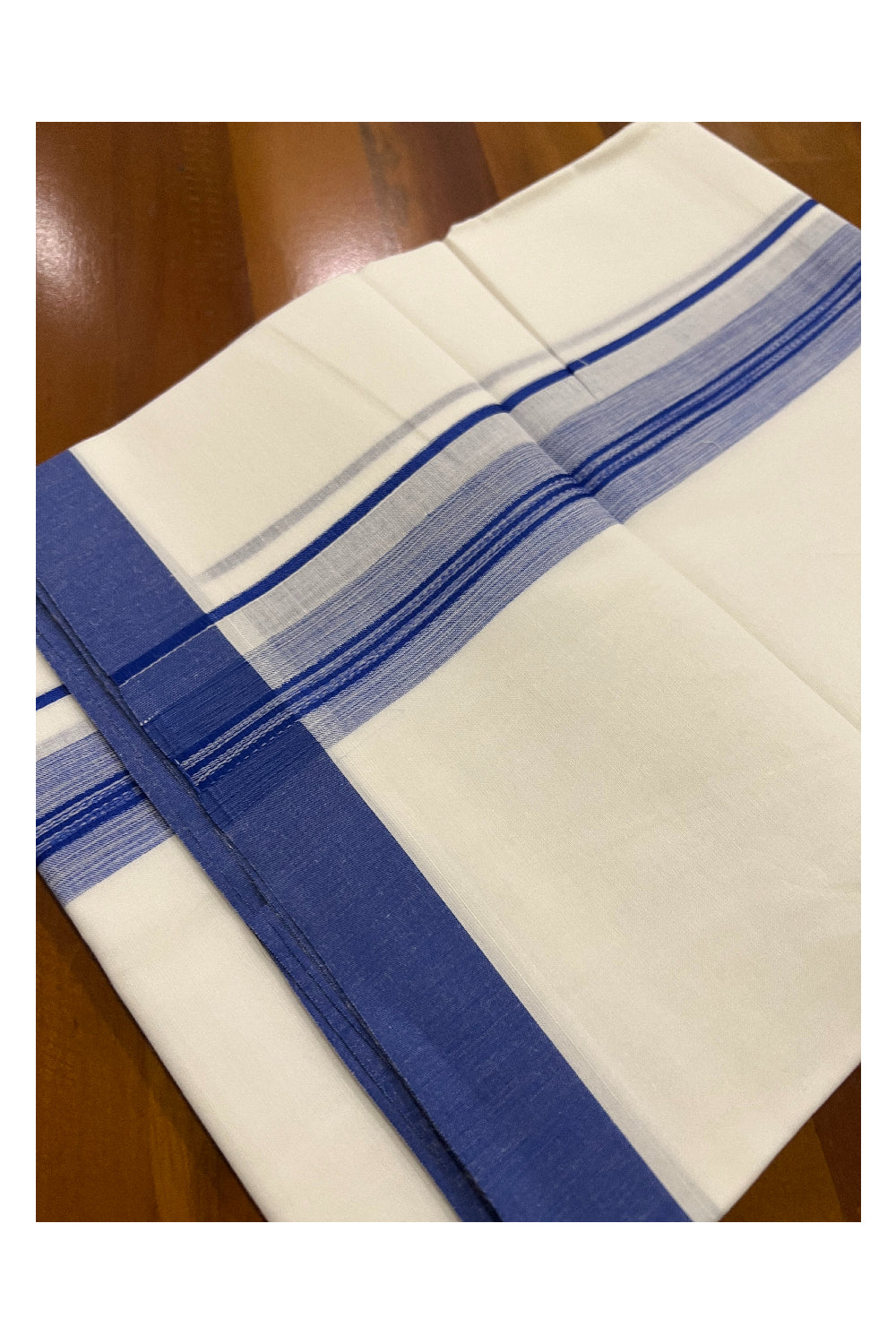 Pure White Kerala Cotton Double Mundu with Blue Border (South Indian Dhoti)