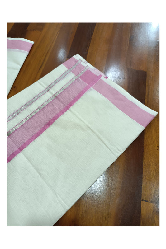 Off White Kerala Double Mundu with Silver Kasavu and Pink Kara (South Indian Dhoti)