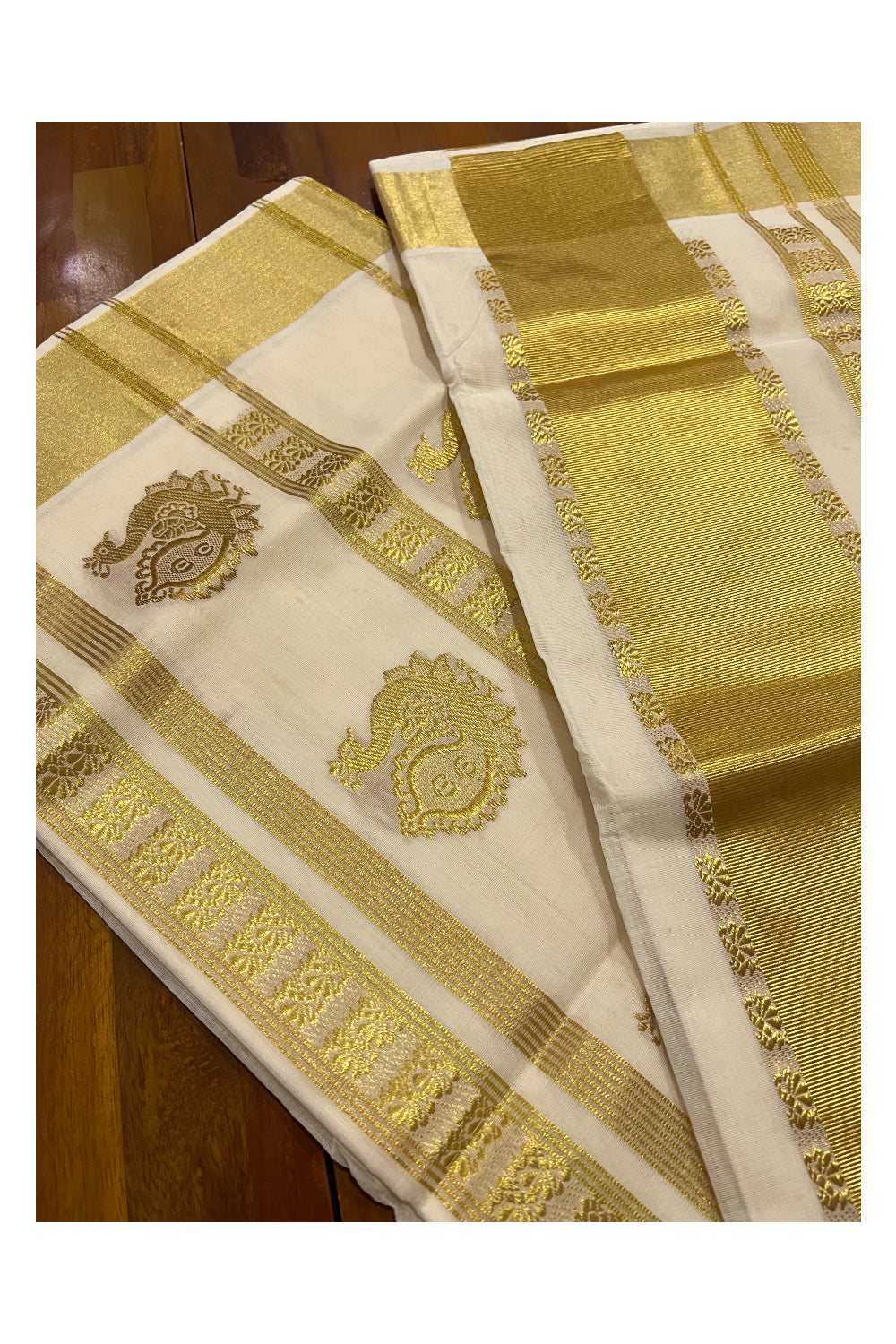 Southloom™ Original Handloom Cotton Kasavu Heavy Work Saree with Peacock Woven Design