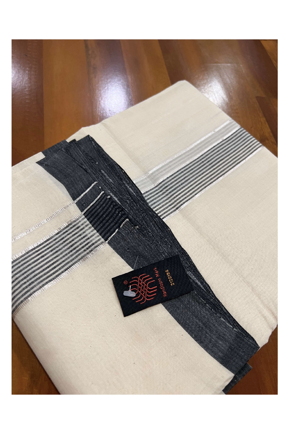 Southloom Balaramapuram Pure Cotton Handloom Mundu with Silver Kasavu and Black Lines Border