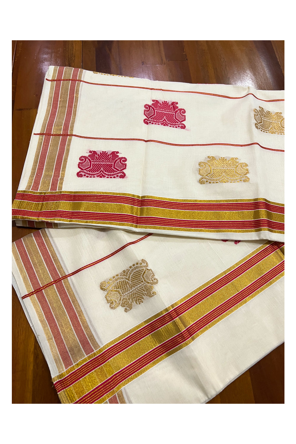 Southloom Pure Cotton Kerala Saree with Kasavu and Red Heavy Works