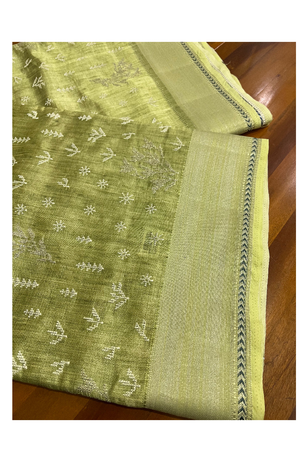 Southloom Pista Green Semi Tussar Designer Thread Work Saree