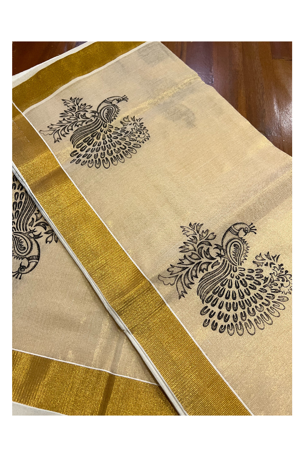 Kerala Cotton Kasavu Saree with Black Peacock Block Prints on Border and Tissue Pallu