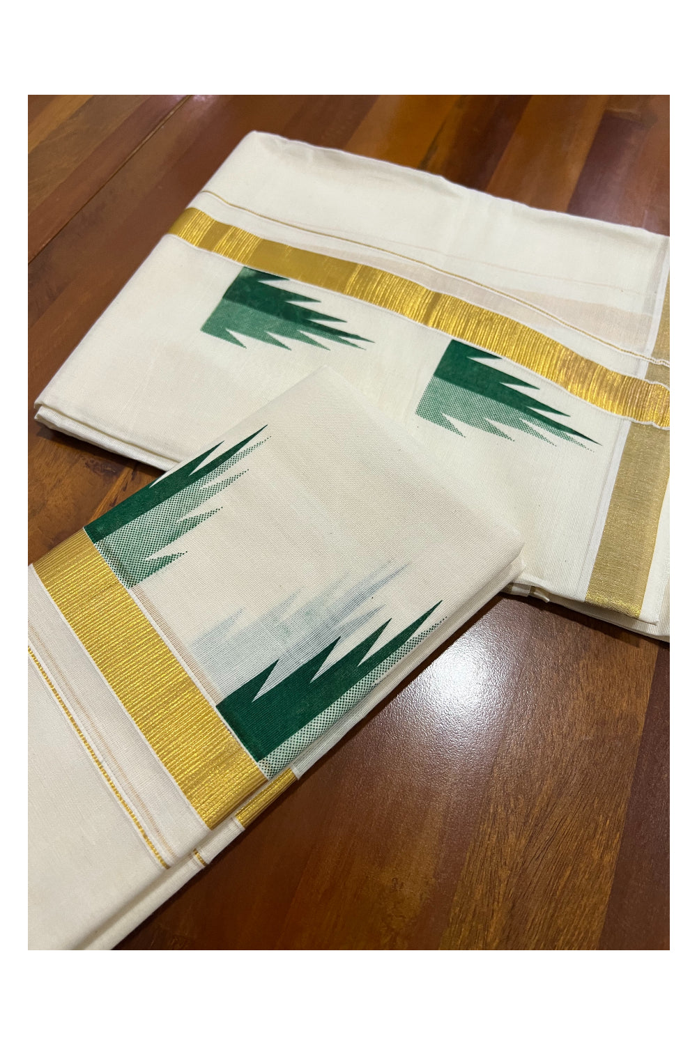 Kerala Cotton Kasavu Set Mundu (Mundum Neriyathum) with Green Temple Block Prints