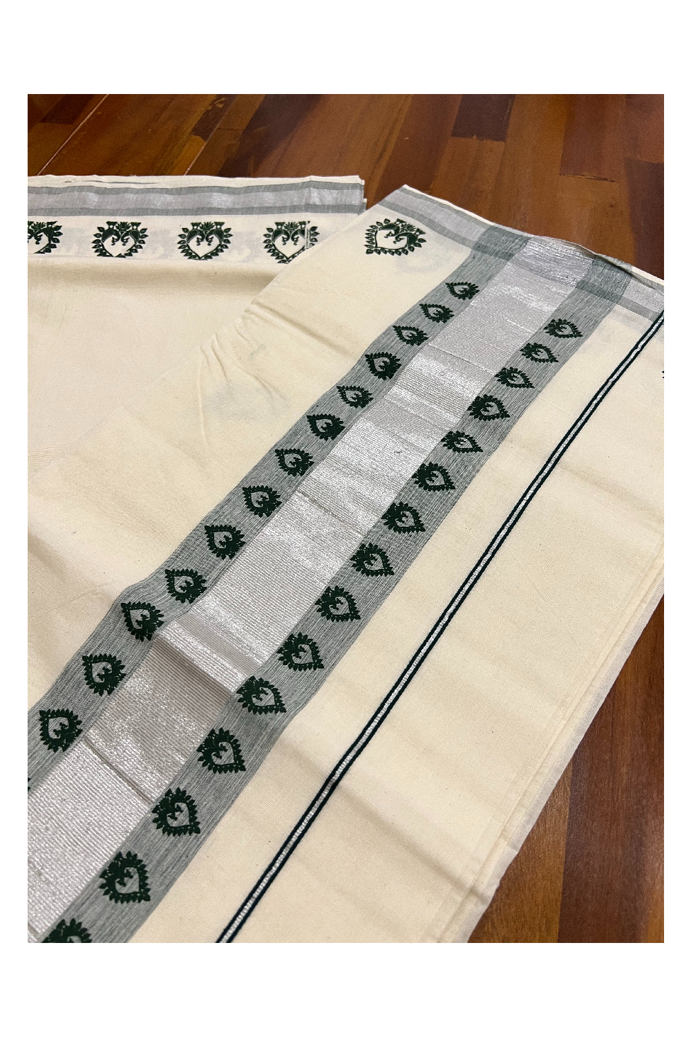 Kerala Silver Kasavu Saree with Green Block Print Design