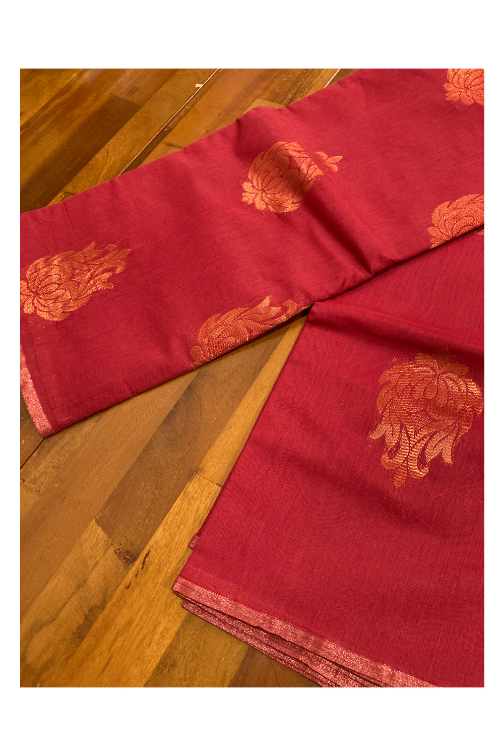 Southloom Cotton Silk Borderless Brick Red Designer Saree with Zari Motifs