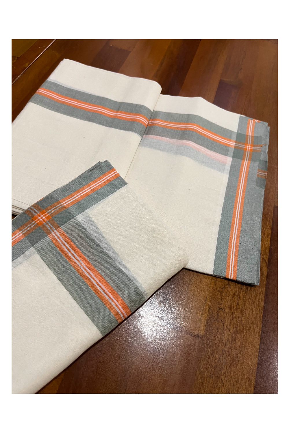 Kerala Cotton Mulloth Mundum Neriyathum Single (Set Mundu) with Grey and Orange Border (Extra Soft Cotton)