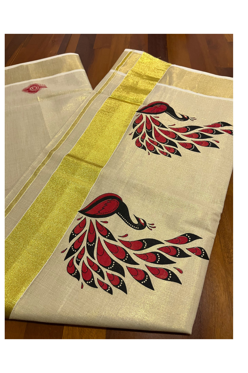 Kerala Tissue Kasavu Saree With Red Peacock Mural Design