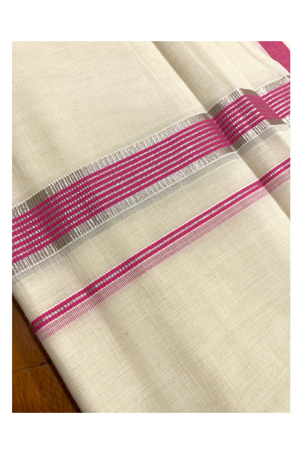 Southloom Premium Handloom Pure Cotton Mundu with Pink and Silver Kasavu Border (South Indian Kerala Dhoti)