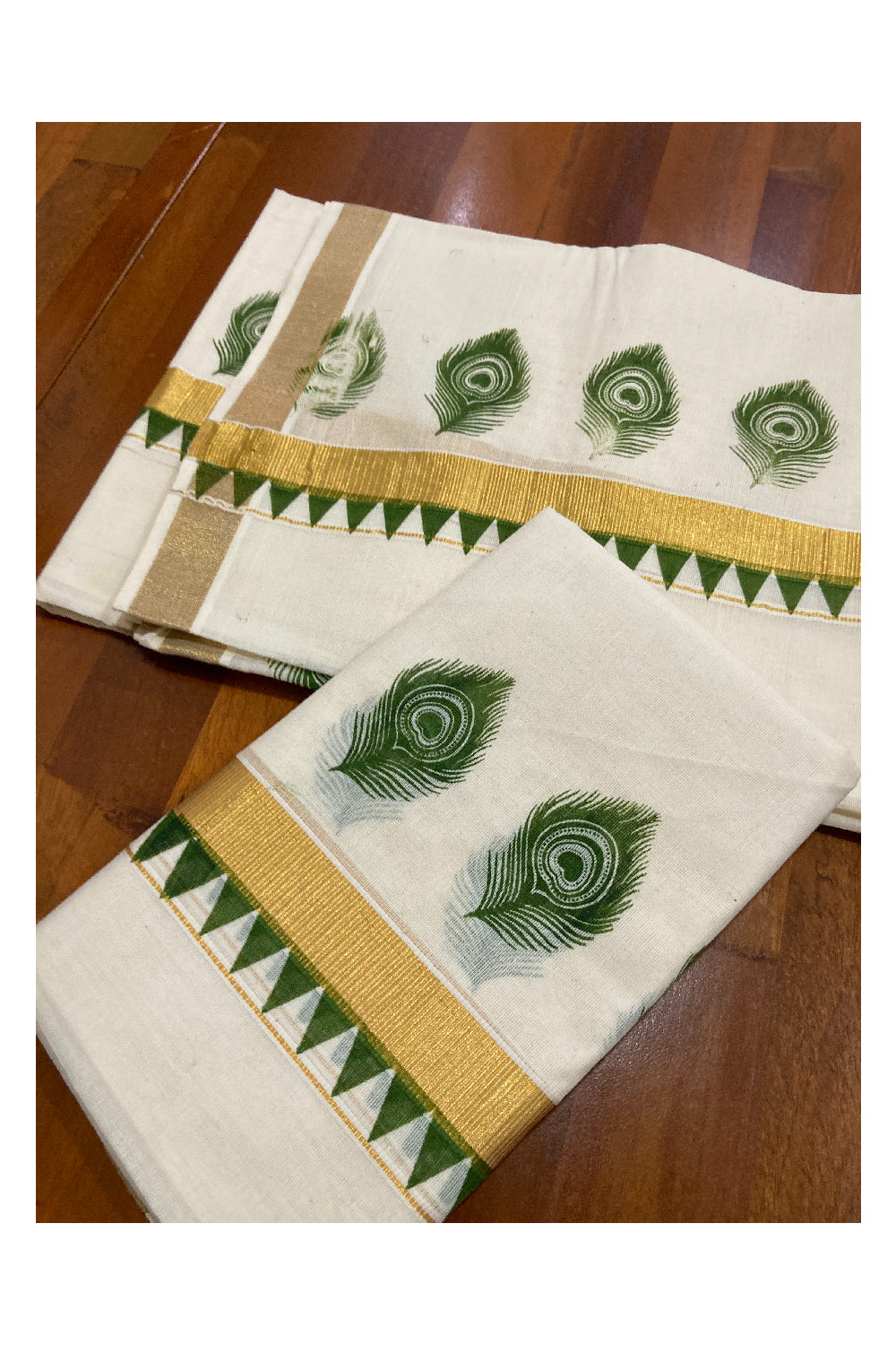 Kerala Cotton Kasavu Set Mundu (Mundum Neriyathum) with Green Feather and Temple Block Prints on Border