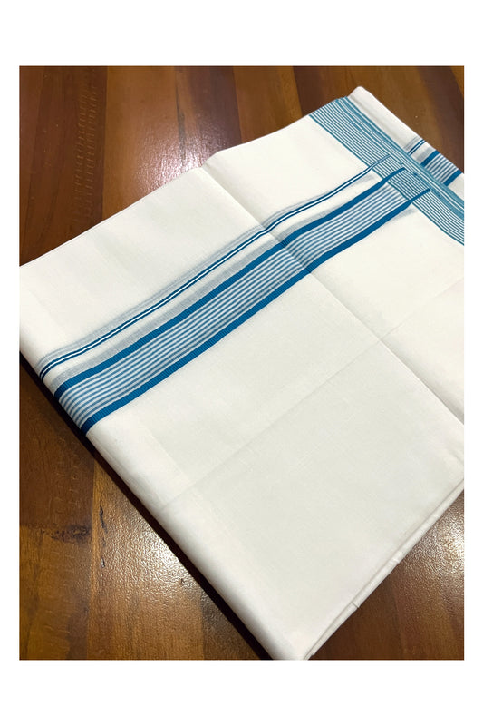 Pure White Cotton Double Mundu with Blue Lines Border (South Indian Dhoti)