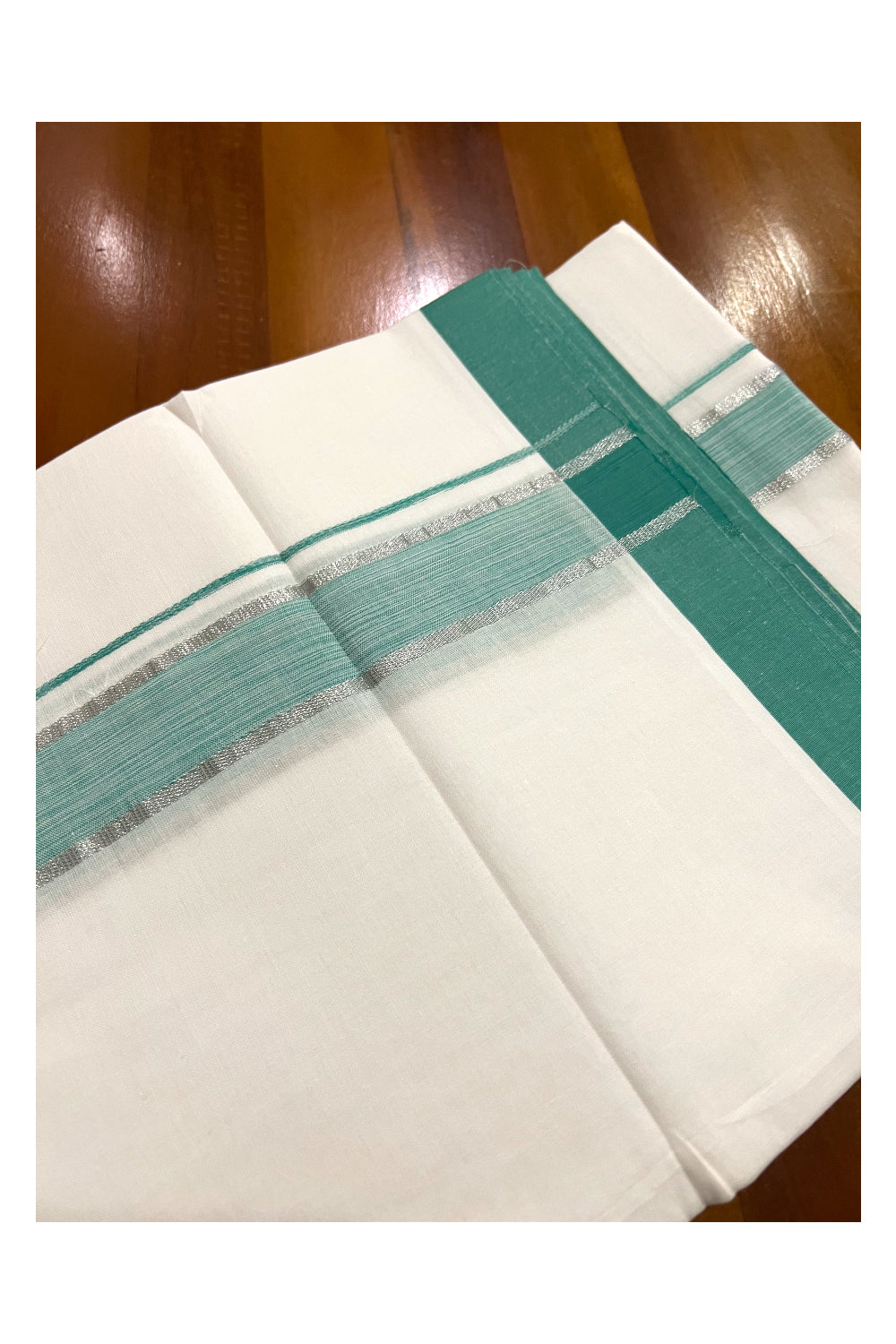 Pure White Cotton Double Mundu with Light Green and Silver Kasavu Border (South Indian Dhoti)