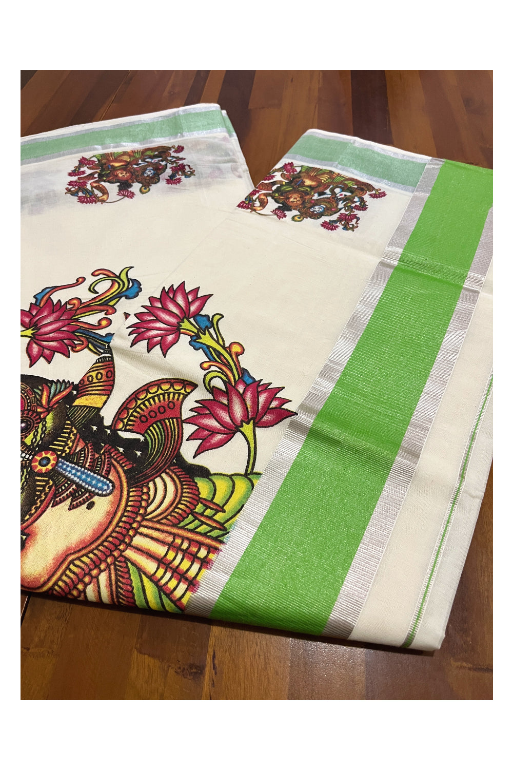 Kerala Pure Cotton Silver Kasavu Saree with Mural Krishna Radha Printed and Green Border