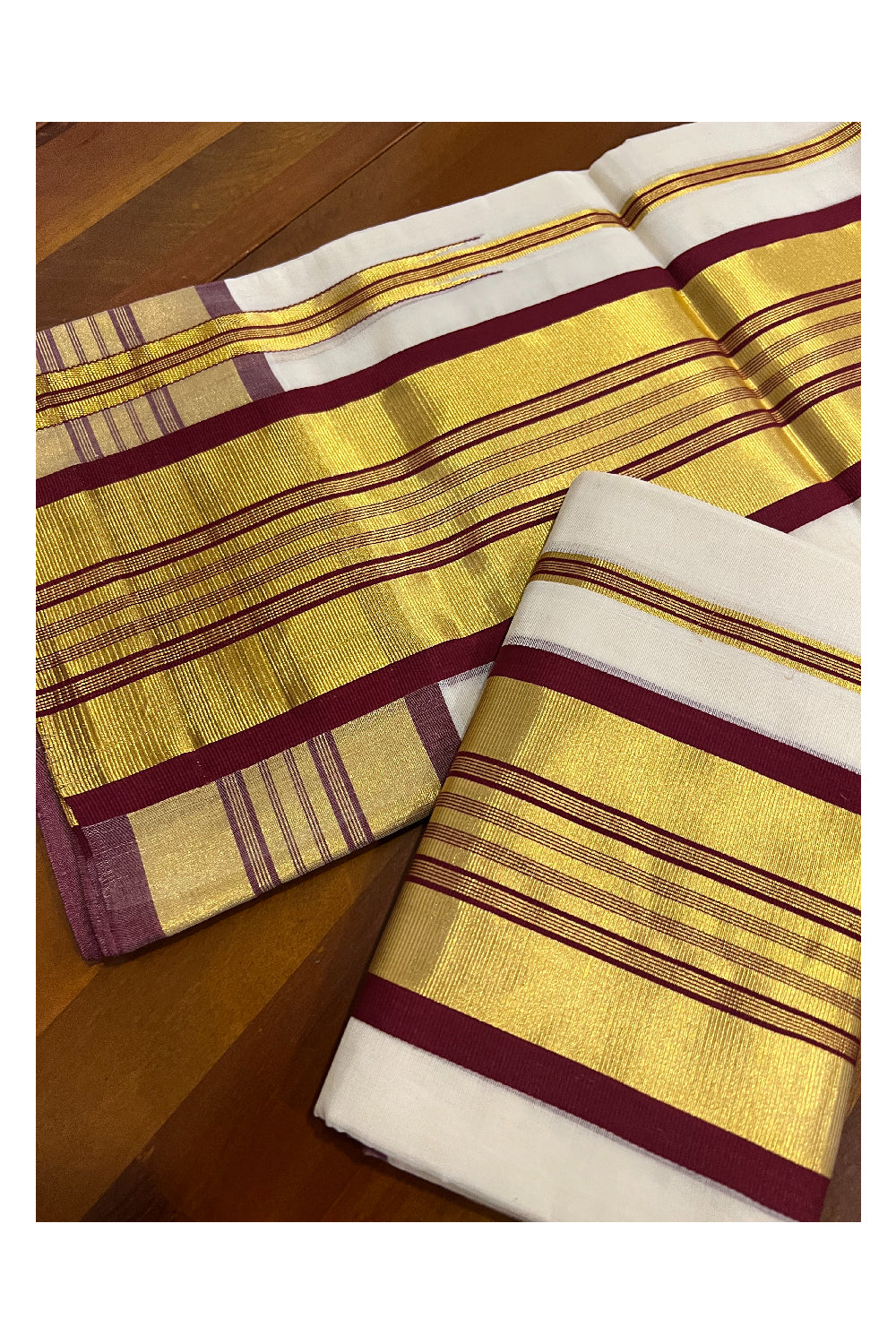 Southloom Premium Handloom Set Mundu with Kasavu and Maroon Stripes Border 2.80 Mtrs