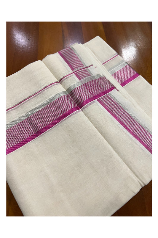 Southloom Kuthampully Handloom Pure Cotton Mundu with Silver and Magenta Kasavu Border (South Indian Dhoti)