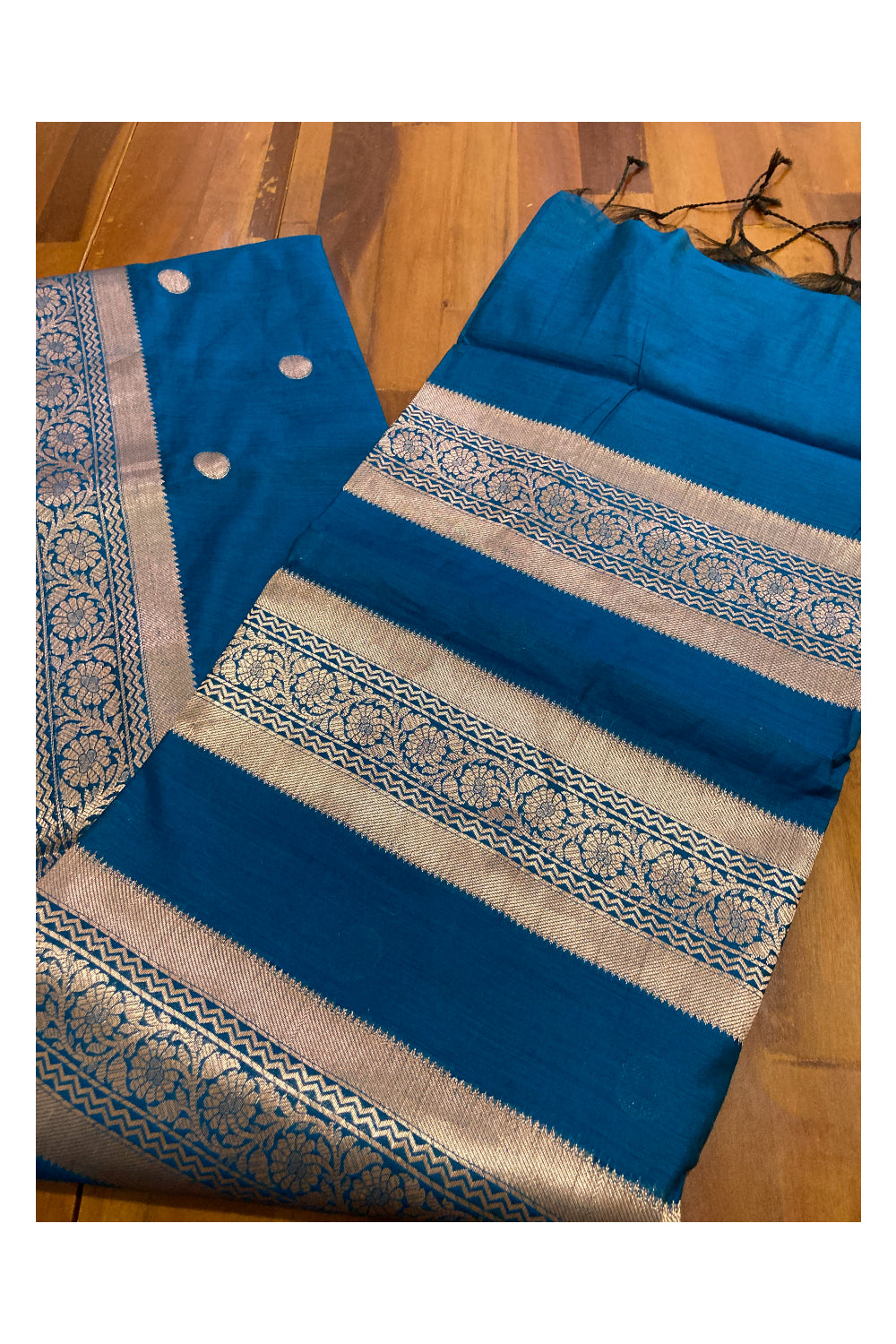 Southloom Blue Cotton Designer Saree with Kasavu Woven Works