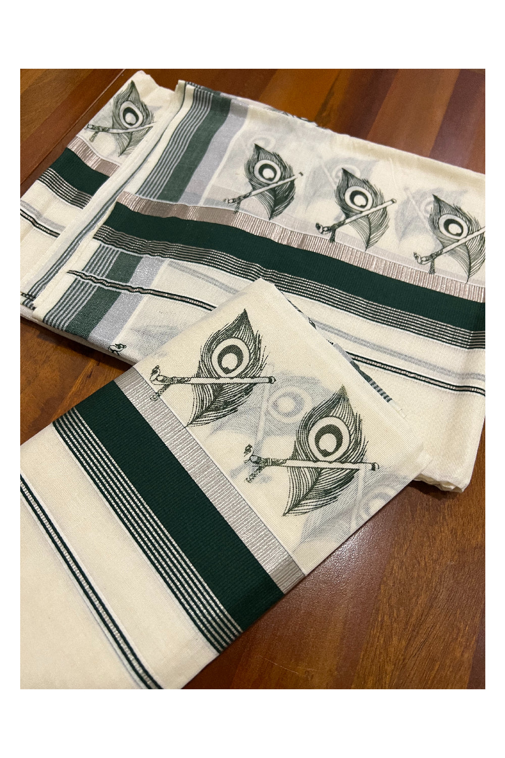 Pure Cotton Silver Kasavu Set Mundu (Mundum Neriyathum) with Dark Green Feather Block Prints on Border