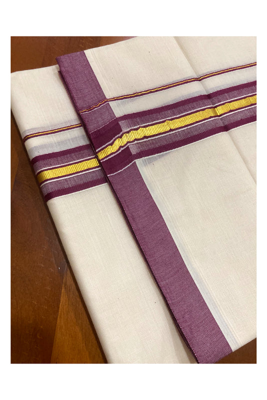 Pure Cotton Double Mundu with Purple and Kasavu Border (South Indian Dhoti)