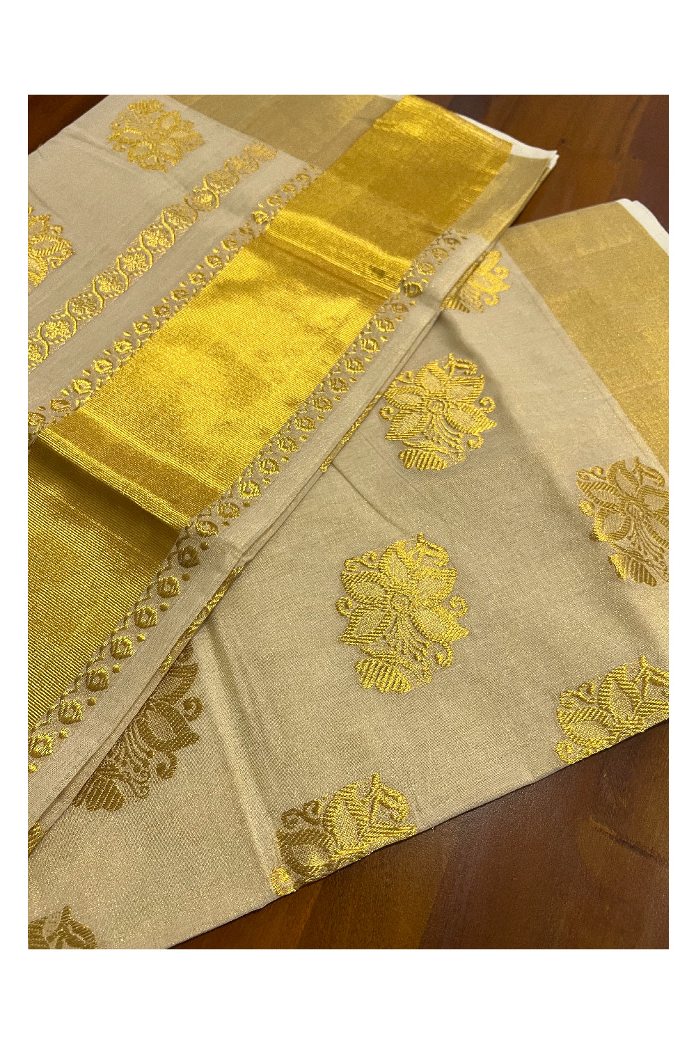 Southloom™ Premium Handloom Kasavu Tissue Handwoven Floral Heavy Work Saree