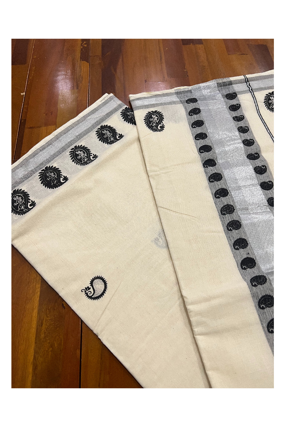 Pure Cotton Kerala Saree with Black Paisley Block Prints on SIlver Kasavu Border