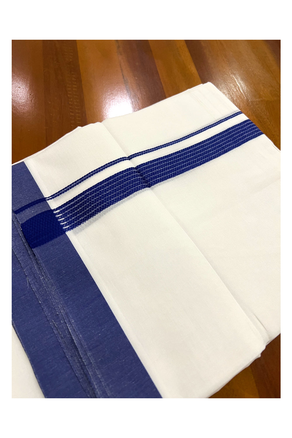 Pure White Cotton Double Mundu with Lines on Blue Border (South Indian Dhoti)