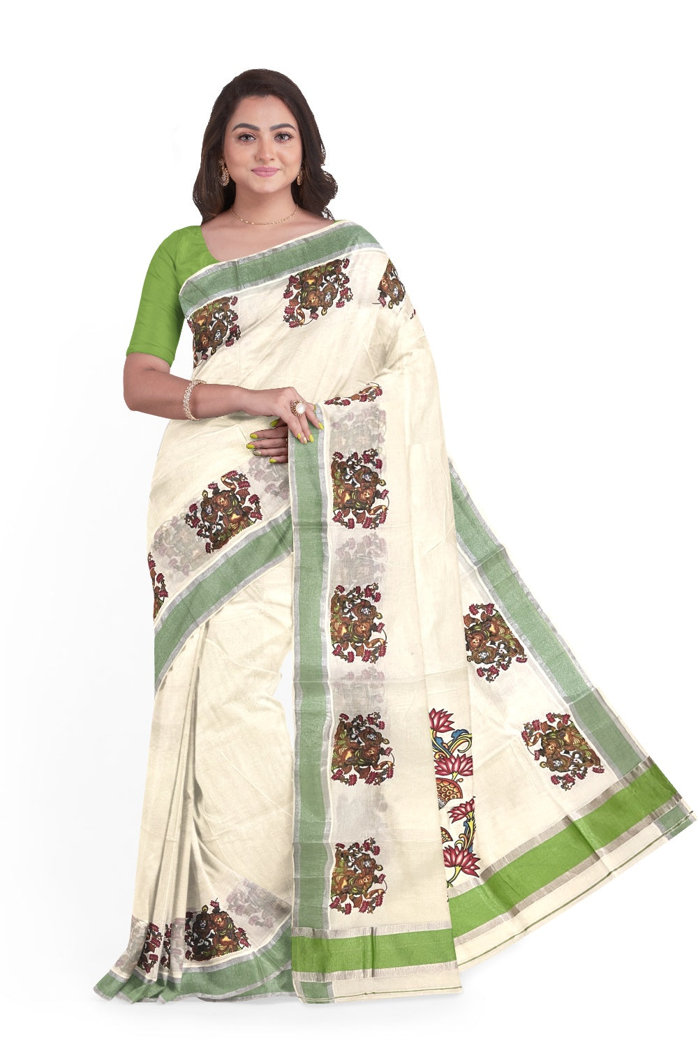 Kerala Pure Cotton Silver Kasavu Saree with Mural Krishna Radha Printed and Green Border