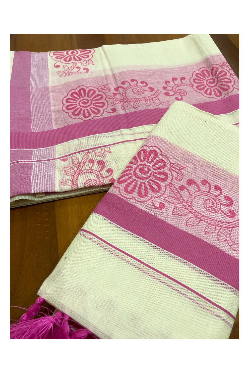 Kerala Cotton Mundum Neriyathum Single (Set Mundu) with Pink Floral Block Print Border and Tassels Work