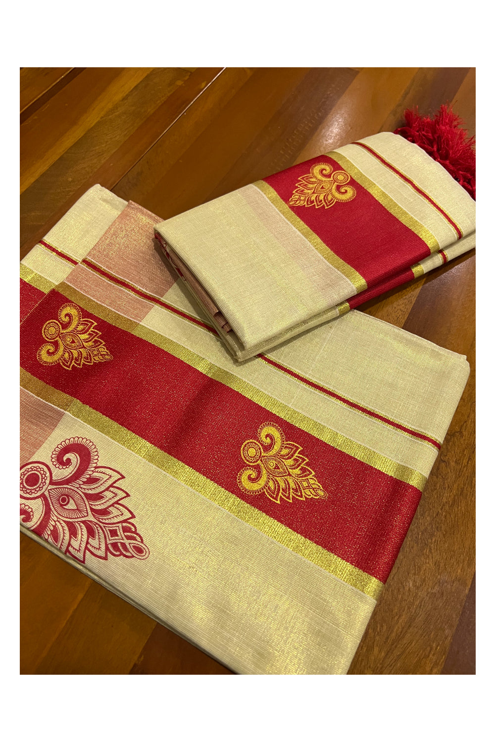 Kerala Tissue Kasavu Set Mundu (Mundum Neriyathum) with Golden and Red Block Prints and Tassels