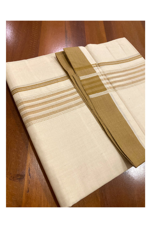 Off White Kerala Double Mundu with Brown Lines Border (South Indian Dhoti)